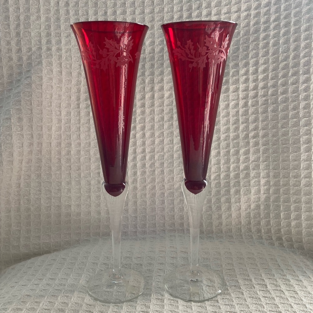 Vintage Lenox Holiday Ruby Red Fluted Champagne Glasses Made In Czech Republic